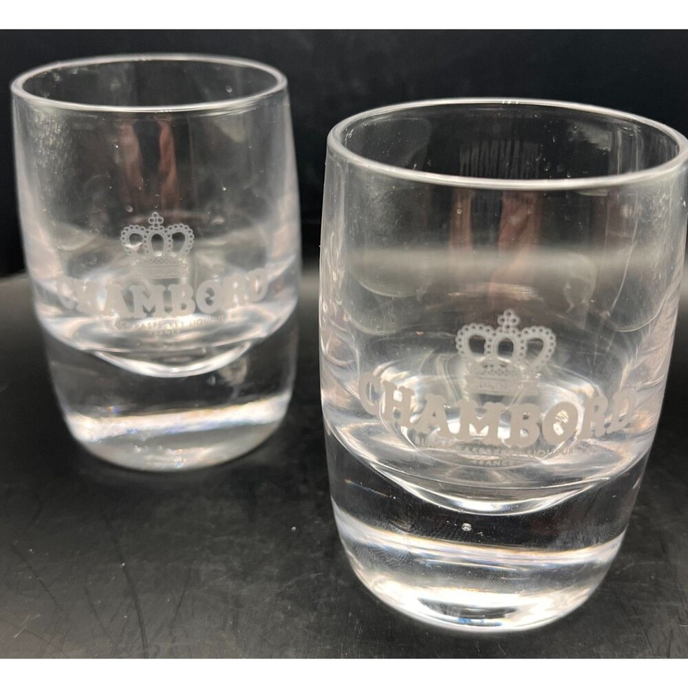 Chambord Black Raspberry Liqueur Shot Glasses Set of 2 Etched Crown Heavy Bottom